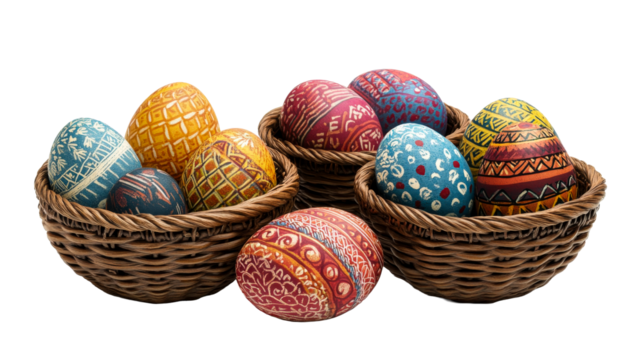 Decorated holiday eggs in baskets, assorted colors, patterns, themes, cut out transparent