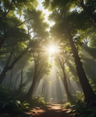 Intense sunlight penetrates dense canopy, creating radiant shafts of light ,  green,  woodland