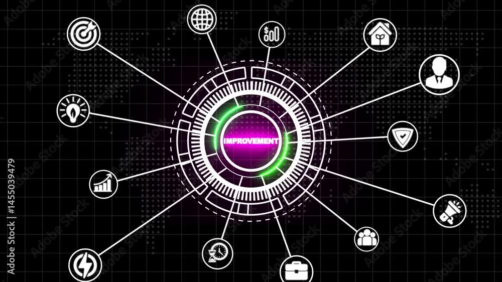 Poster continuous improvement animation on grid and map background. business, technology, internet and netw