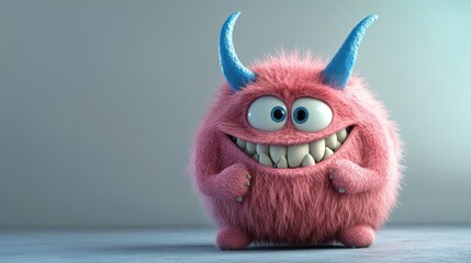 Fototapeta premium Happy pink monster, studio shot, grey background, playful character, children's book illustration