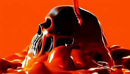 Dark metallic human skull gets covered in thick dripping orange liquid against a vibrant background animation - Powered by Adobe