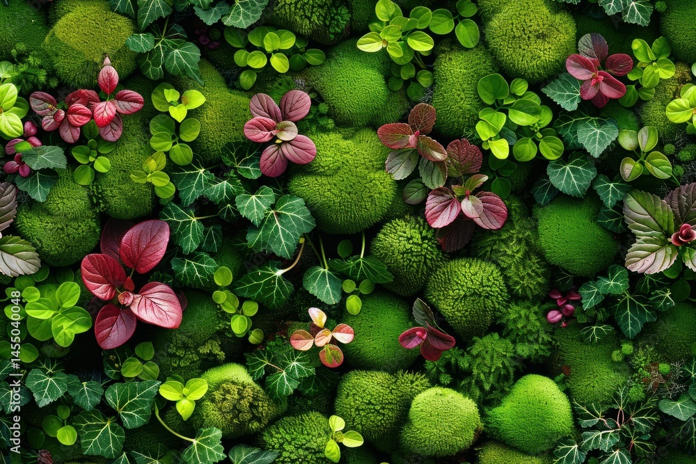 Poster moss pattern with vibrant greens and reds creating a lush natural tapestry in high resolution