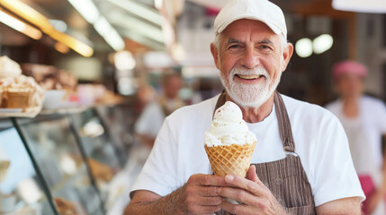 Smiling European elderly man with white beard and apron holds a large ice cream cone inside a bright, welcoming ice cream shop, radiating warmth, happiness and friendly service.