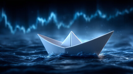 Obraz premium A serene, digitally created image of a white paper boat floating on a calm ocean with glowing waves and digital data patterns in the background.