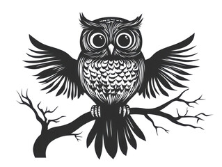 Obraz premium Detailed Owl Silhouette on Branch with Open Wings PNG