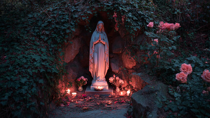 Virgin mary statue in grotto with candles and flowers, religious shrine photography © Mauricio