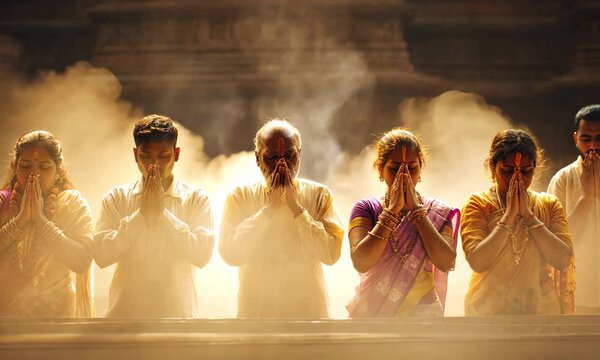 Devoted Indian family praying in traditional temple with sacred light and peaceful atmosphere