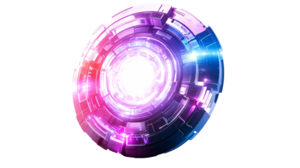 Luminous circular hi tech form with radial neon glow effect, cut out transparent
