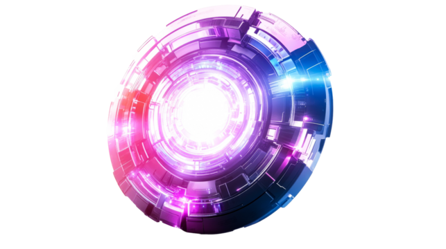 Luminous circular hi tech form with radial neon glow effect, cut out transparent