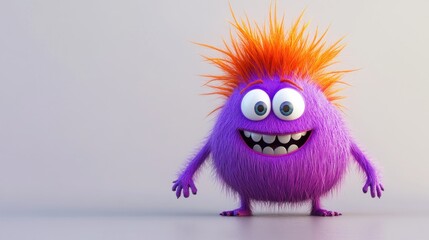 Fototapeta premium Happy purple monster, playful pose, light background, child's illustration
