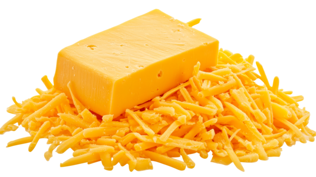 Block of Cheddar Cheese with Shredded Heap, Cut Out Transparent