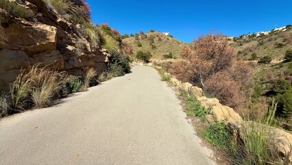 A Beautiful Scenic Hillside Path with a Bright Blue Sky and Lush Natural Vegetation Surrounding it