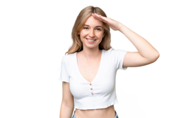 Young English woman over isolated background saluting with hand with happy expression
