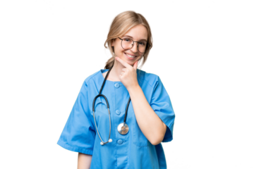 Young nurse English woman over isolated background smiling
