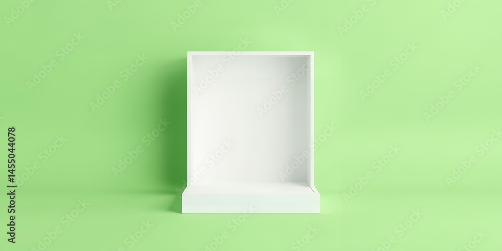 Poster a white rectangular box against a light green background in a studio setting view