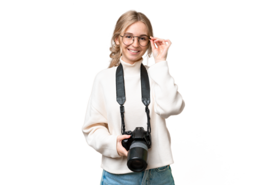 Young photographer English woman over isolated background with glasses and happy