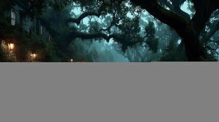 Enchanted Rainy Night Pathway with Lush Greenery and Warm Lanterns Ideal for Fantasy Nature