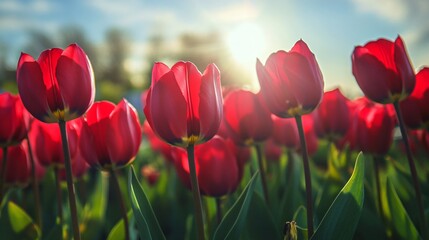 Obraz premium Vivid Red Tulips in Sunlit Field: Bright Floral Beauty Captured Professionally