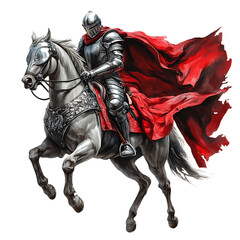 Fototapeta premium A Cartoon Knight Riding a Horse with Red Cape Isolated on Transparent Background