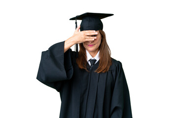 Middle age university graduate woman over isolated background covering eyes by hands and smiling
