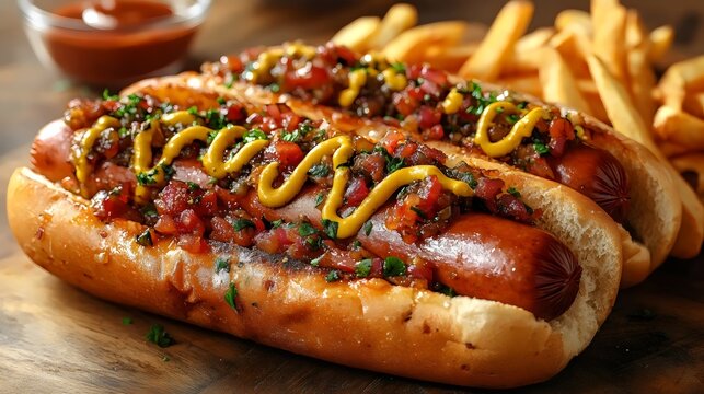 Close-up of two fully loaded gourmet hot dogs on a wooden board, with fries.