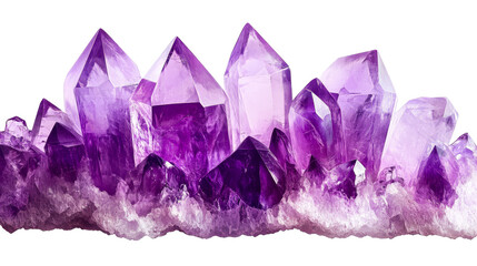 Amethyst cluster formation, gemstone crystals aggregate, purple hue, cut out transparent