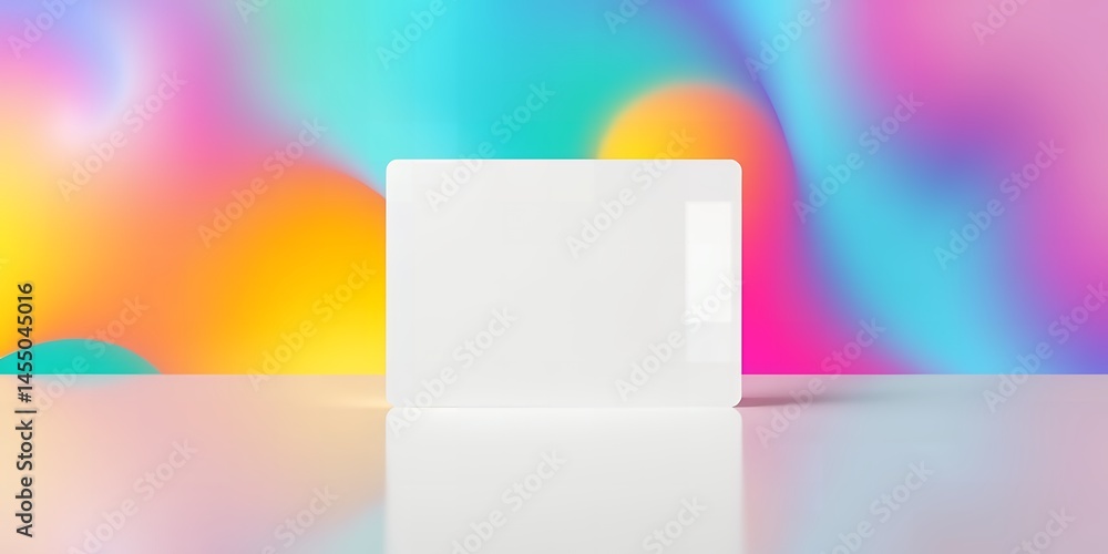 Poster white card on a reflective surface with a blurred colorful background in a studio setting