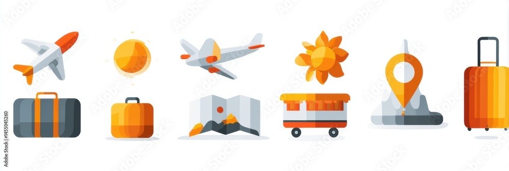 Poster explore new destinations with floating travel icons representing an exciting journey through various