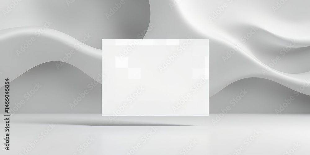 Poster white square floating above glossy surface with draped white fabric in the background
