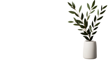 Branches with green foliage in white pot on black background, cut out transparent
