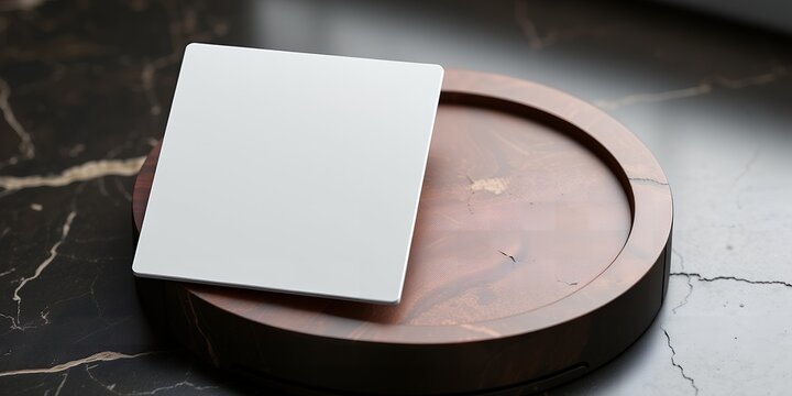 A square white card resting on a round wooden tray on a marble surface in soft lighting