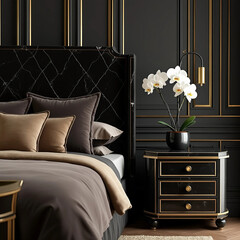 Art Deco Bedroom with Marble and Solitary Flower, Generate AI