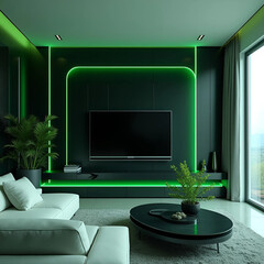 High-Tech Living Room with Neon Lighting and Solitary Plant, Generate AI