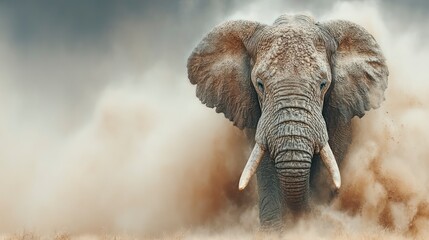 Mighty Elephant Amidst Dust Clouds A Majestic Wildlife Scene Capturing Strength and Natures P