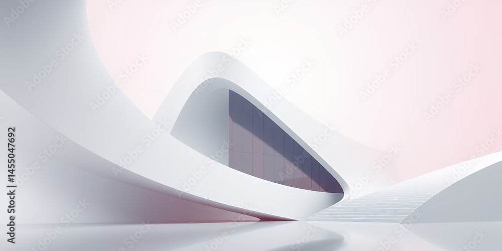 Poster abstract architecture with white curved structures and light pink background rendering style