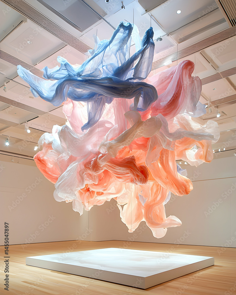 Poster an ethereal art installation using layered translucent fabric in soft pastel colors. perfect for dre