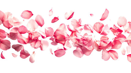 Falling pink petals composition on black backdrop, cut out transparent