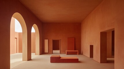 Interior design of a minimalist, terracotta-toned hall.