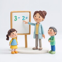 Clay teacher teaching math to children on white background