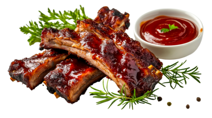 Glazed ribs with barbecue sauce and herb garnish, cut out transparent