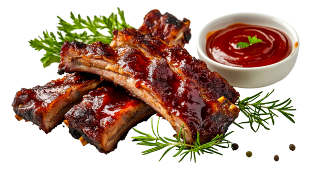 Glazed ribs with barbecue sauce and herb garnish, cut out transparent