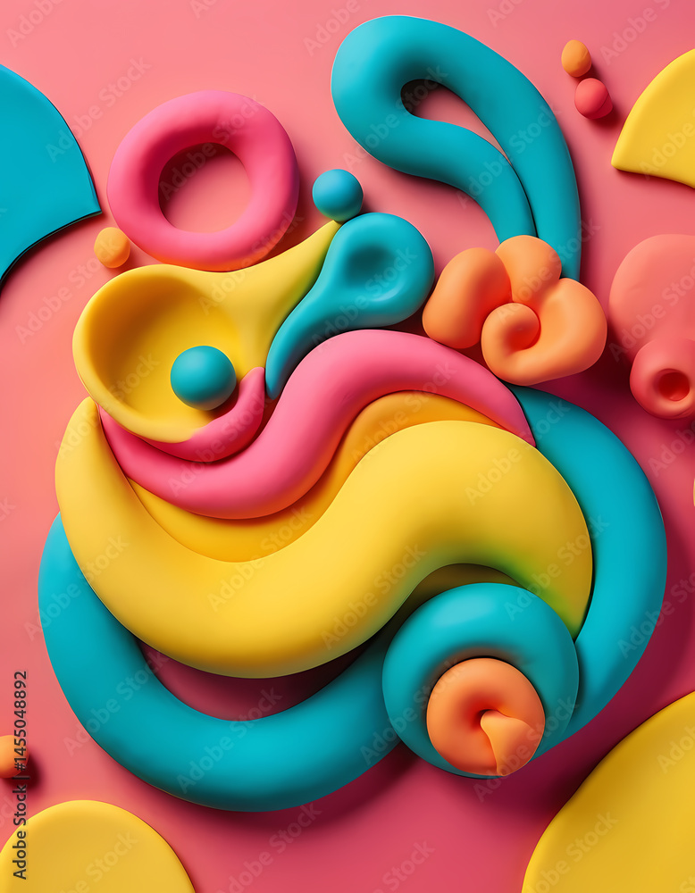 Poster brightly colored clay forms dynamic swirls and playful shapes, each vivid hue blending seamlessly in