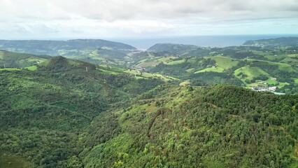 Fototapeta premium Experience the breathtaking aerial view showcasing the lush green hills alongside the ocean