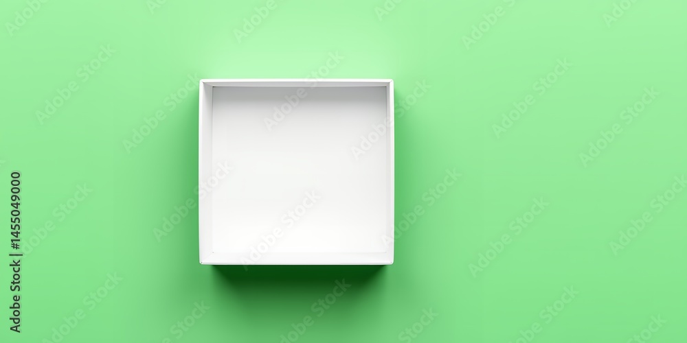 Poster overhead view of a white square box on a light green background with soft lighting studio shot