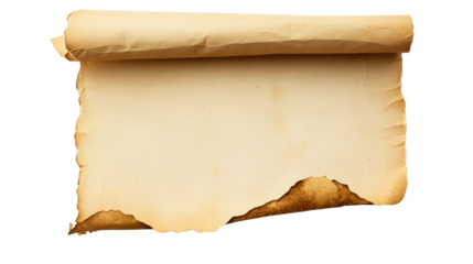 Aged Parchment Paper Scroll with Burnt Edges, cut out transparent