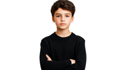 Serious boy portrait with arms crossed looking at camera «, cut out transparent"