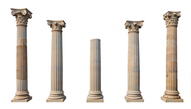 Ancient Greek columns illustration, classical style, white and beige tones, historical architecture element on transparent background

