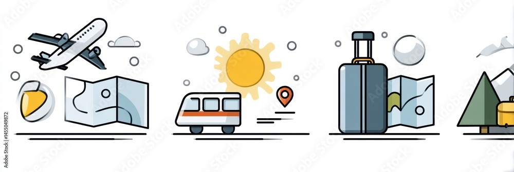 Poster exploring travel icons representing transport options, maps, and activities under a bright sun in a 