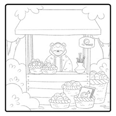 Adorable black and white flea market coloring page featuring bears as shopkeepers selling items at market stalls. Perfect for printable coloring books, kids’ creative activities, or digital coloring