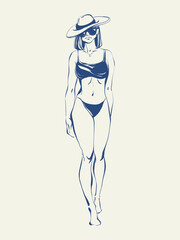 Young woman standing in a swimsuit and summer hat. Elegant woman hand drawn sketch. La dolce vita summer mood. Woman in bikini, minimal line art with whimsical Italian summer vibe. Female in swimwear.